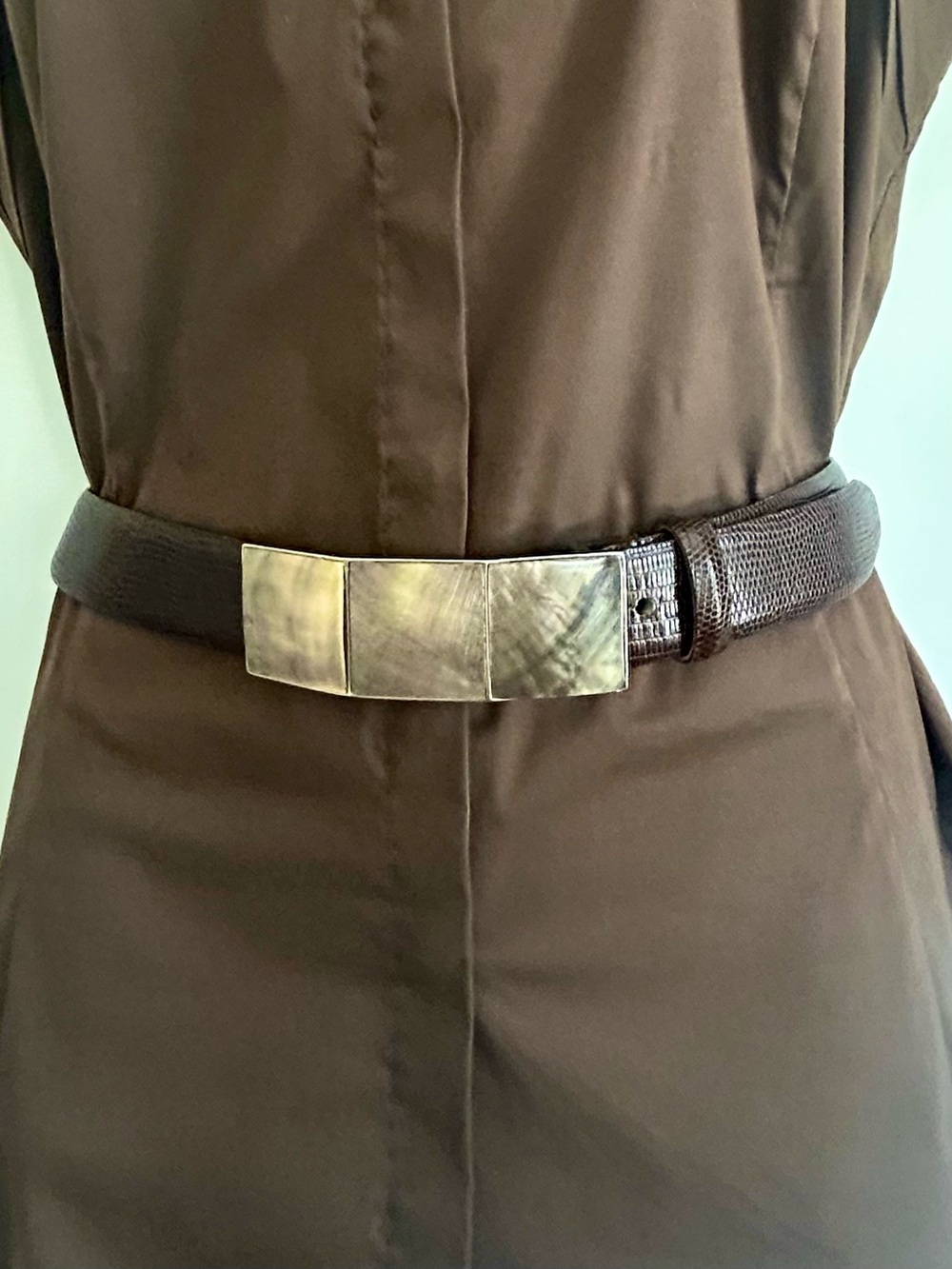 Carlisle Brown Embossed Leather Beltand Silver Metal Iridescent Shell Buckle L